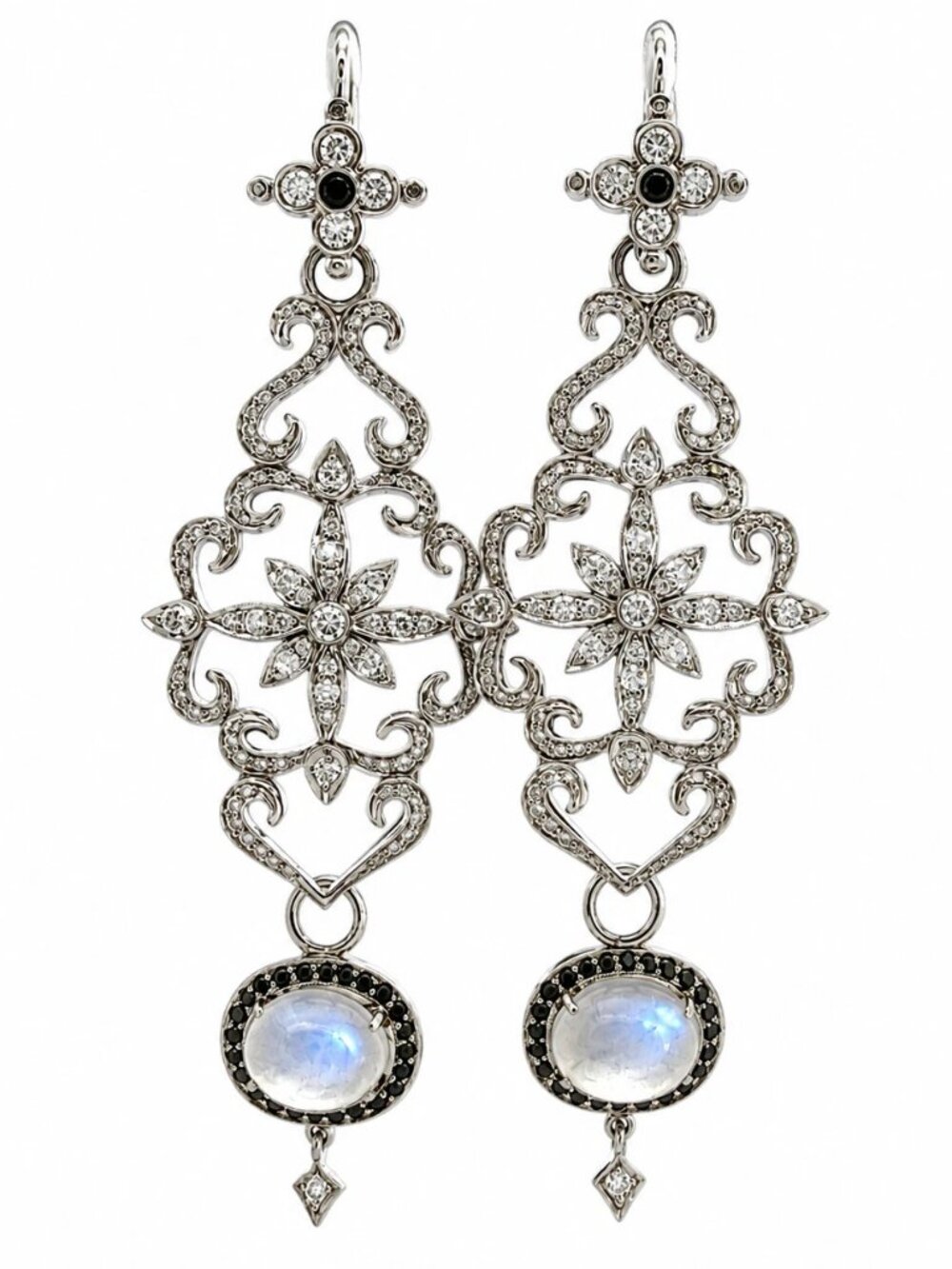 18K & 14K White Gold Moonstone Black Diamond Dangle Earrings 3" 17.9g